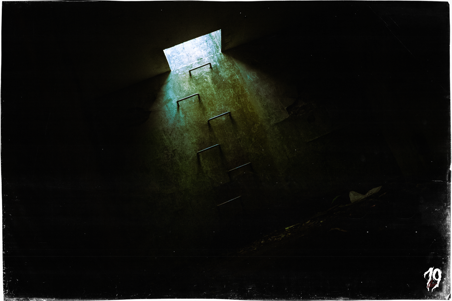 Dark room with a light source casting shadows on the floor