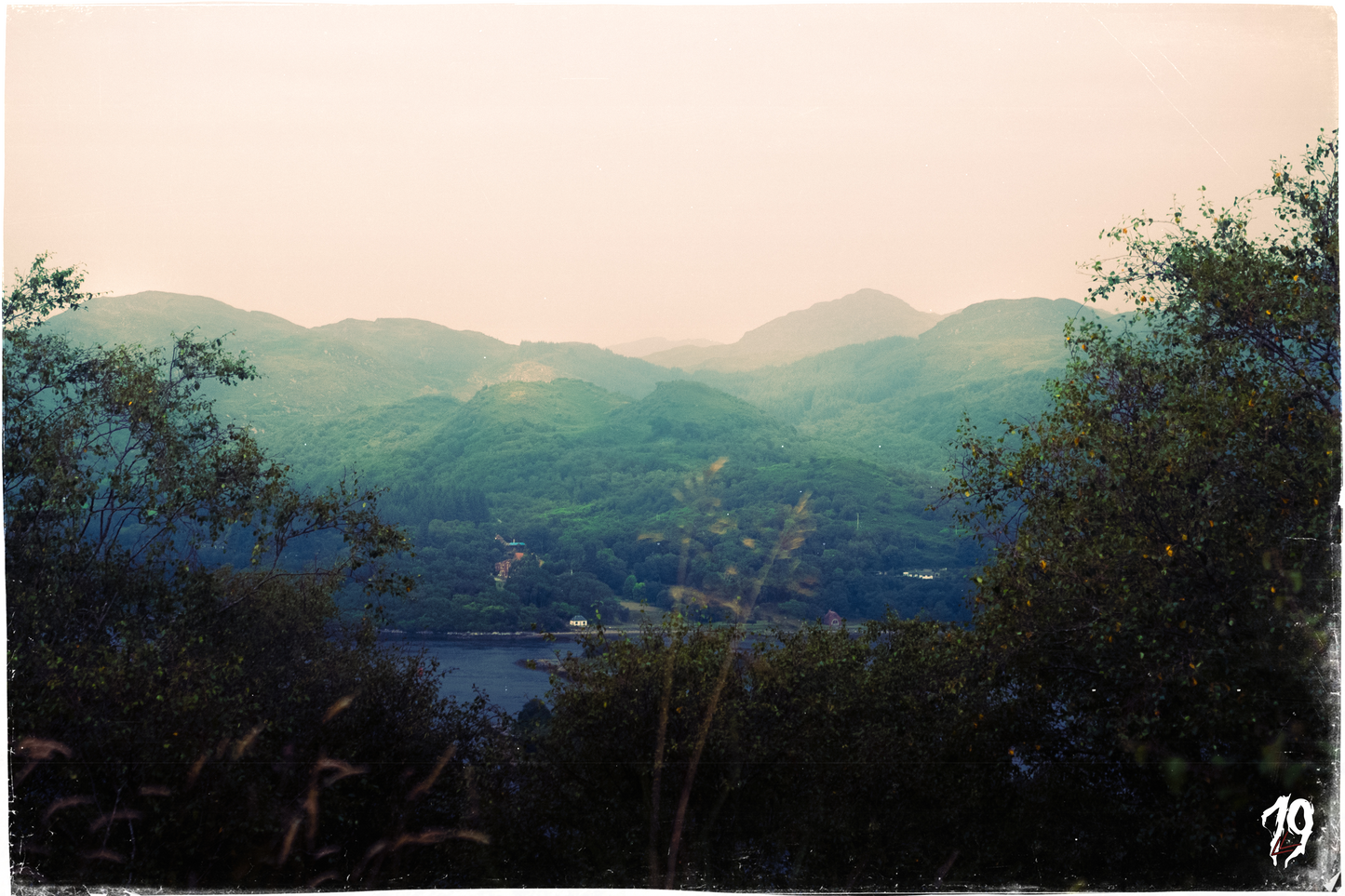 Scenic view of mountains and a lake with trees in the foreground.
